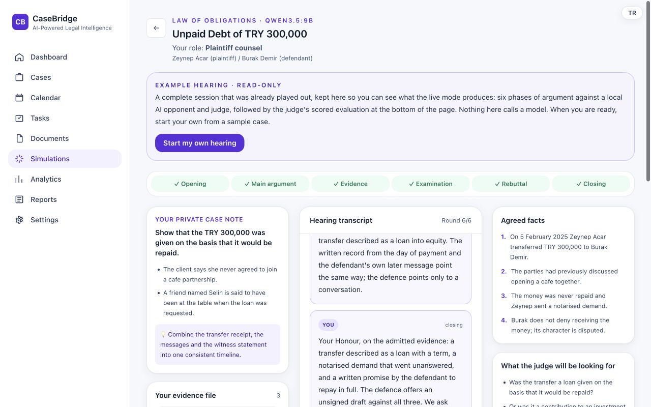 A sample CaseBridge hearing: private case notes, evidence file, and hearing transcript